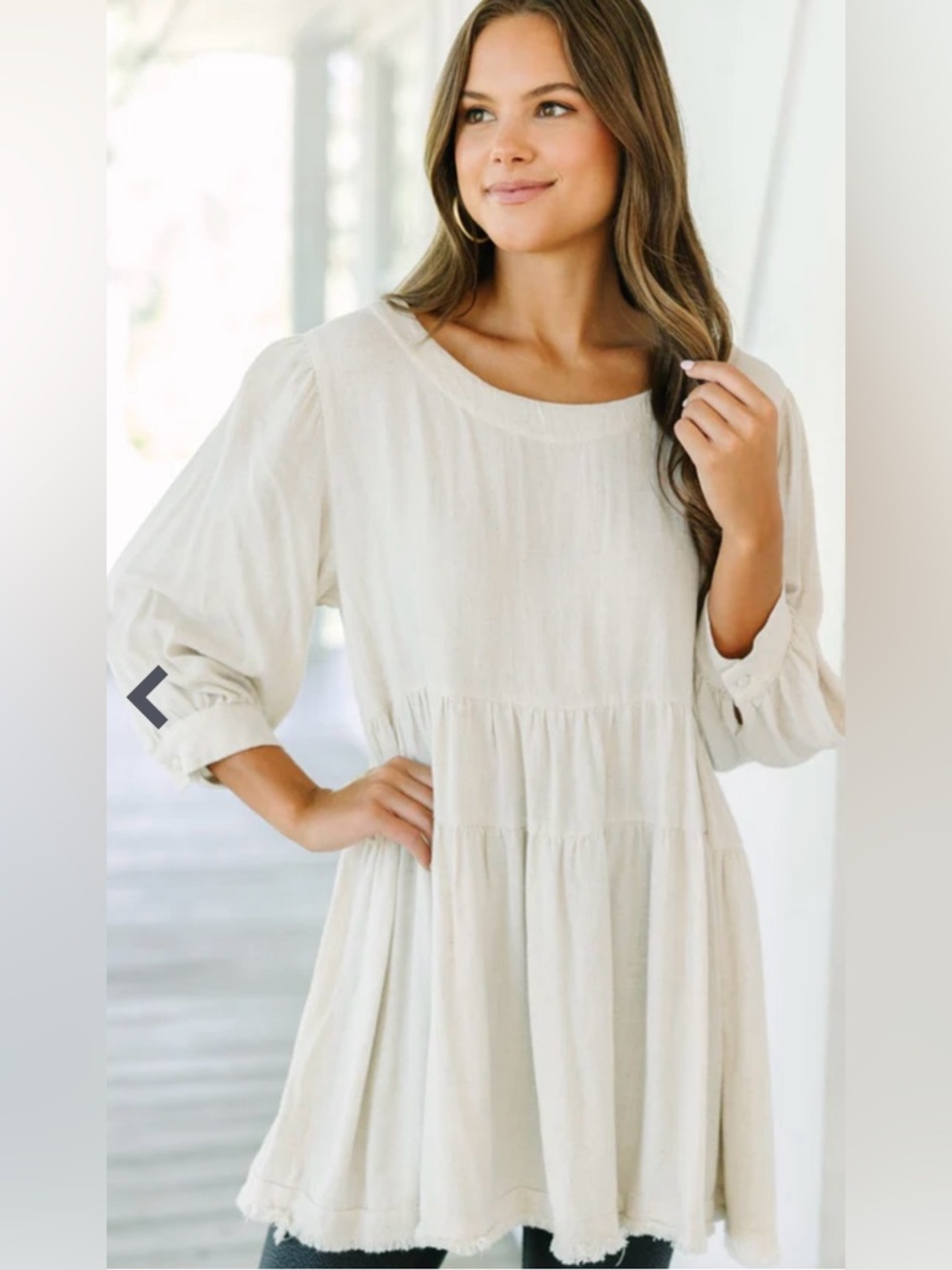 Umgee Flowy Linen Cotton Blend Tiered Dress Tunic Shirt Swing Neutral Small